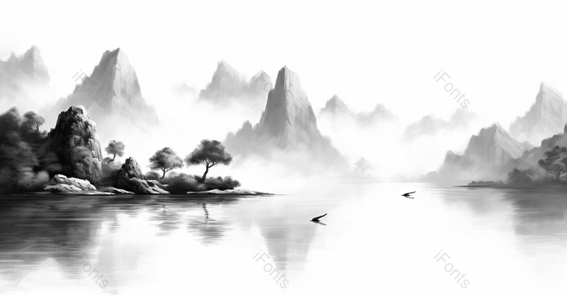 中国风质感山水飞鸟飞过平静的湖泊黑白水墨风格画艺术背景插画,插画/手绘图,插画/手绘图库,插画/手绘图下载,插画/手绘